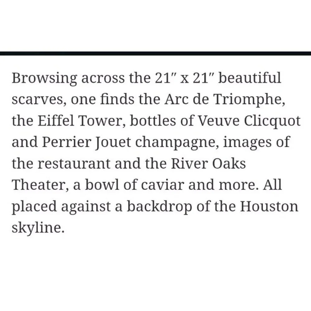 Brasserie 19 Dix-Neuf Houston French Restaurant Silk Scarf‎ Limited Edition